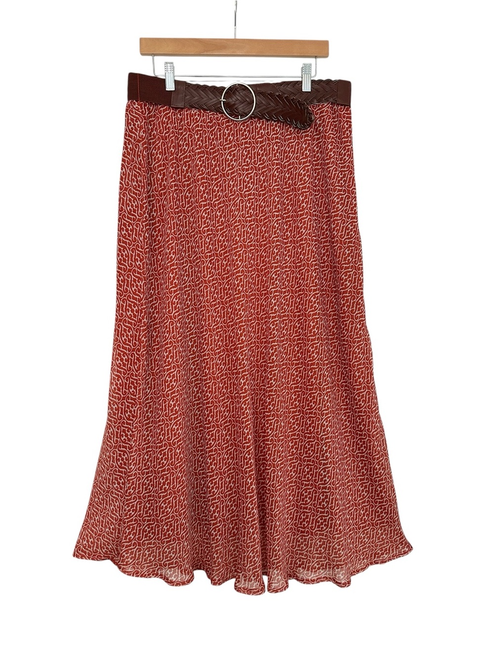 Boho‎ Western Belted Maxi Skirt 1X Coastal Cowgirl Festival Sheer Rust Red Lined